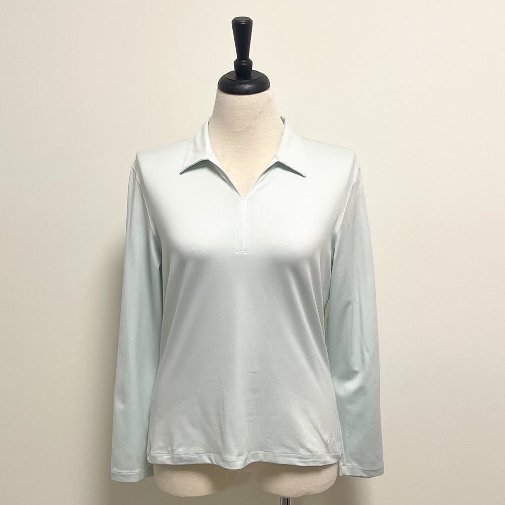 Nike Golf Mint Green Long Sleeve Collared V Neck Dri Fit Shirt Large Stretch